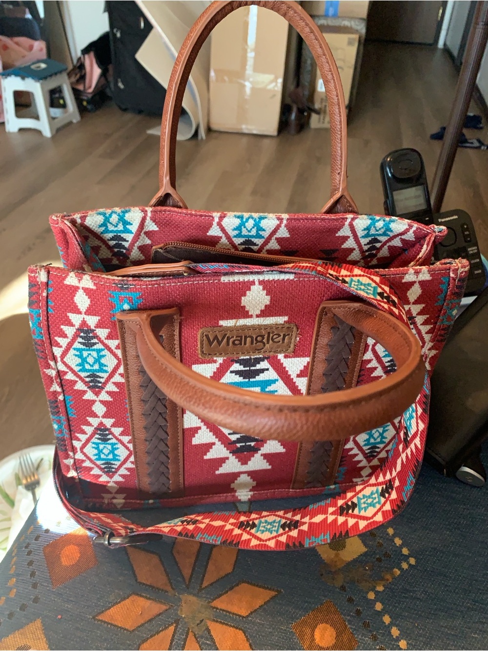 Wrangler Red Aztec Tote with Brown Trim and Turquoise Detailing
